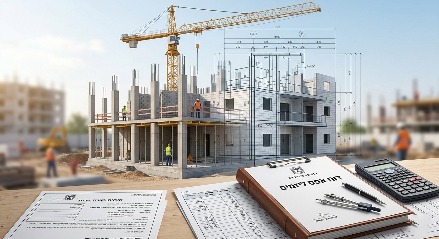 דוח אפס ליזמים: תיקיית שמאות מקרקעין מפורטת עם מחשבון הנדסי וטאבלט המציג תוכניות בניין, על רקע מנוף באתר בנייה מטושטש.