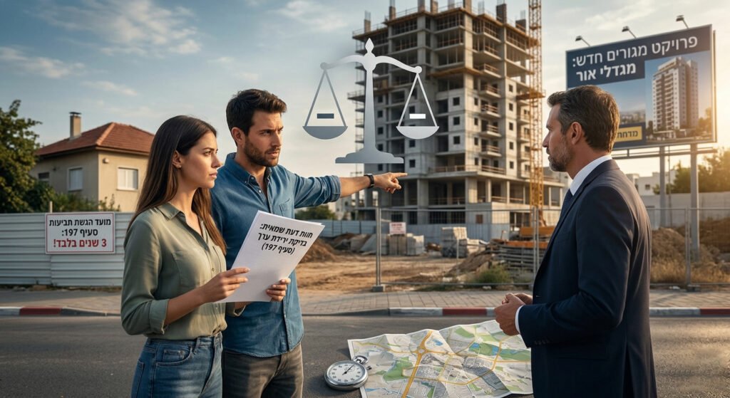 זוג מתייעץ עם שמאי מקרקעין על ירידת ערך נכס לפי סעיף 197 עקב הקמת מגדל מגורים סמוך.