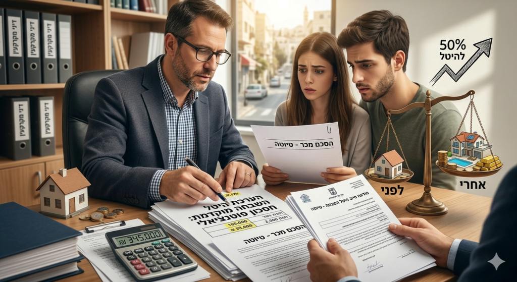 שמאי מקרקעין מסביר לזוג על חישוב היטל השבחה מוקדמת בעזרת מאזניים המציגים את שווי הנכס לפני ואחרי אישור תוכנית.
