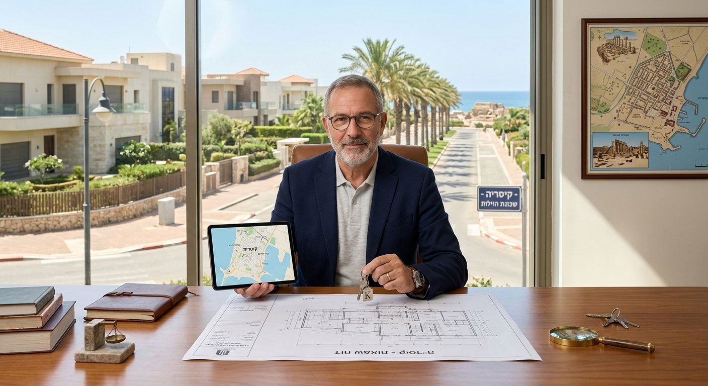 שמאי מקרקעין מומחה בקיסריה מחזיק מפתחות נכס וטאבלט עם מפת האזור, בעת הערכת שווי וילה בקיסריה.
